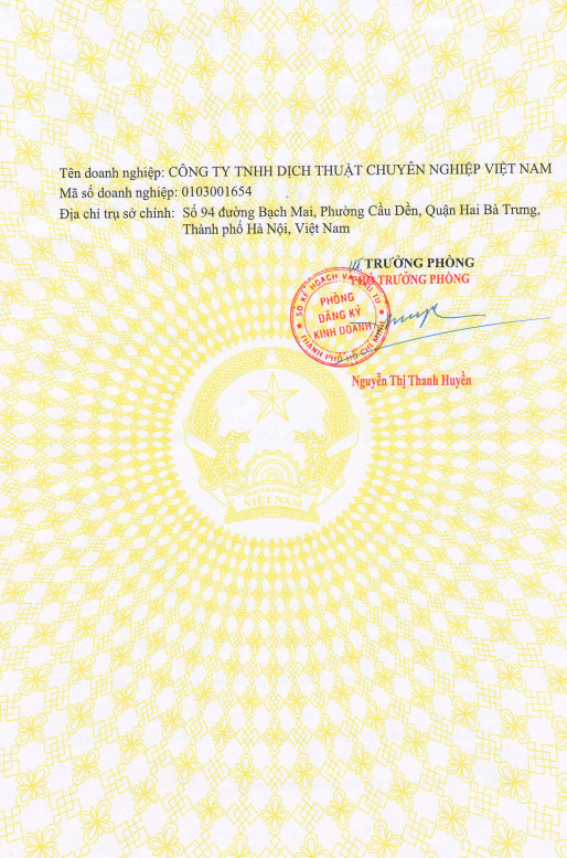 Chứng nhận đăng ký VP Hồ Chí Minh